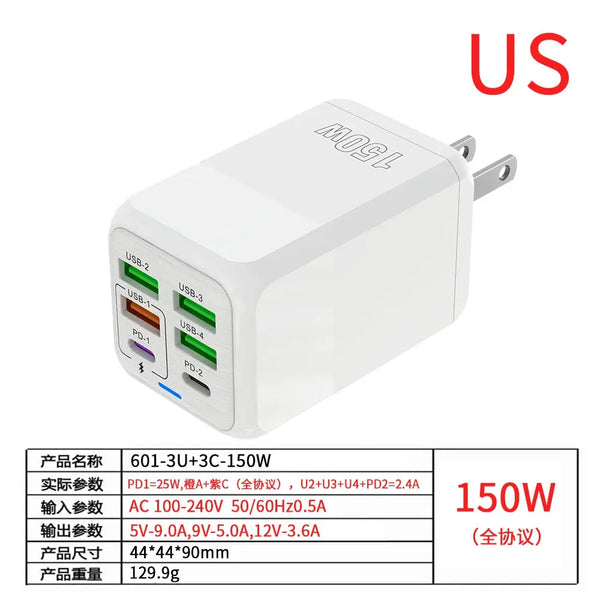 150W 6-Port PD QC 4.0 USB-C Fast Charger Adapter Ryglobal