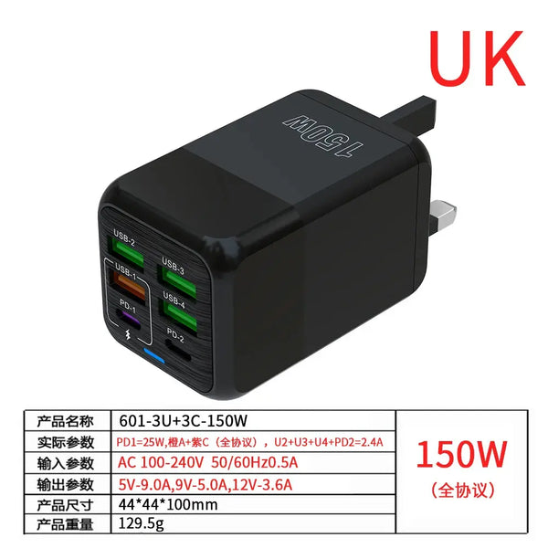 150W 6-Port PD QC 4.0 USB-C Fast Charger Adapter Ryglobal