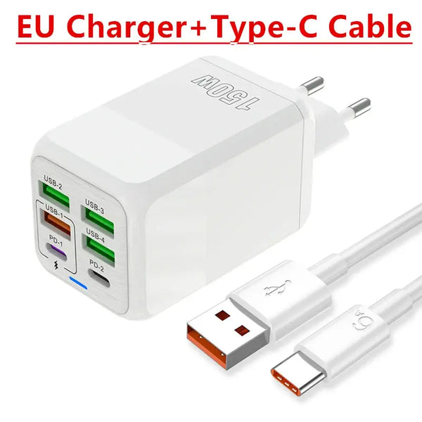 150W 6-Port PD QC 4.0 USB-C Fast Charger Adapter Ryglobal