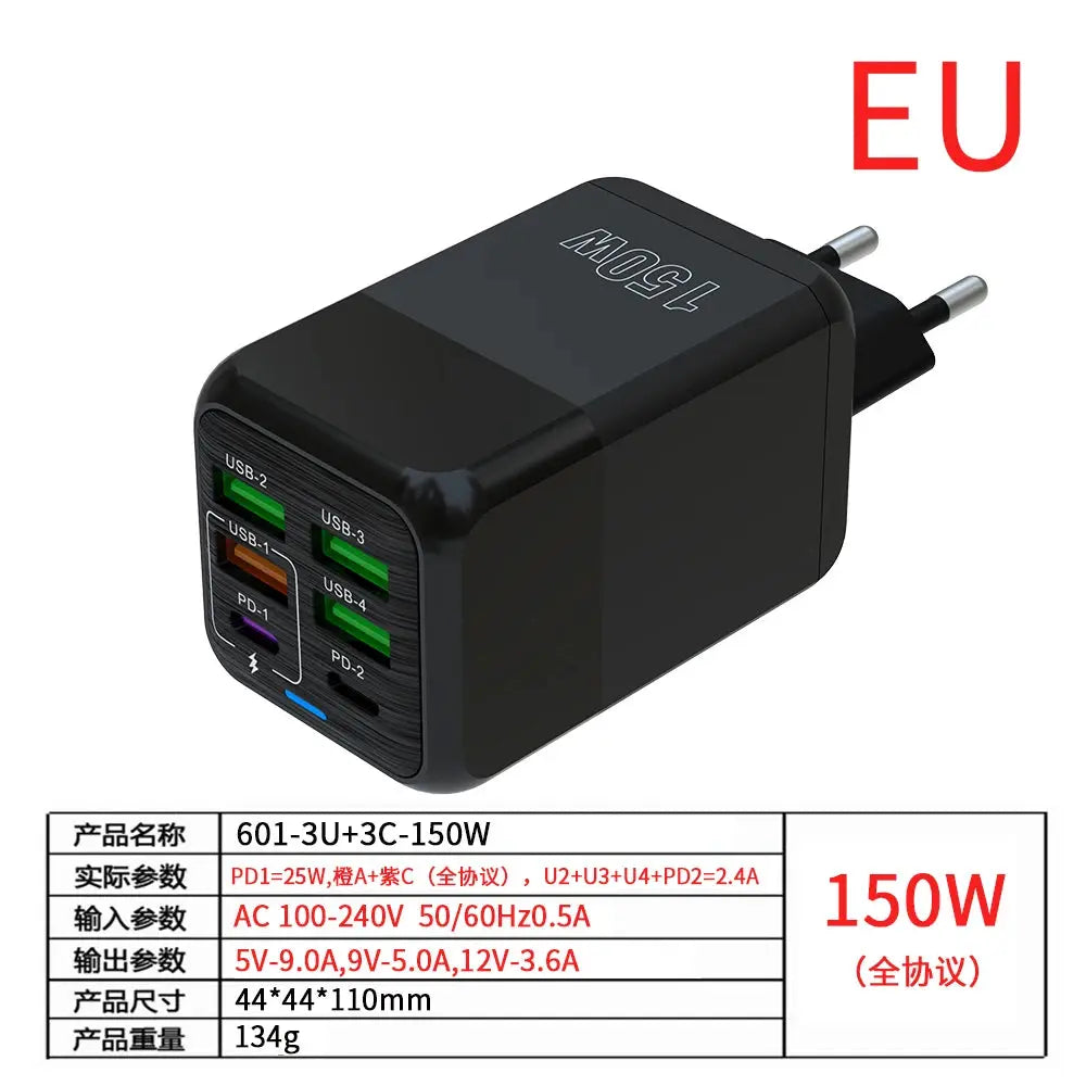 150W 6-Port PD QC 4.0 USB-C Fast Charger Adapter Ryglobal