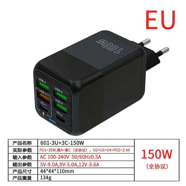 150W 6-Port PD QC 4.0 USB-C Fast Charger Adapter Ryglobal