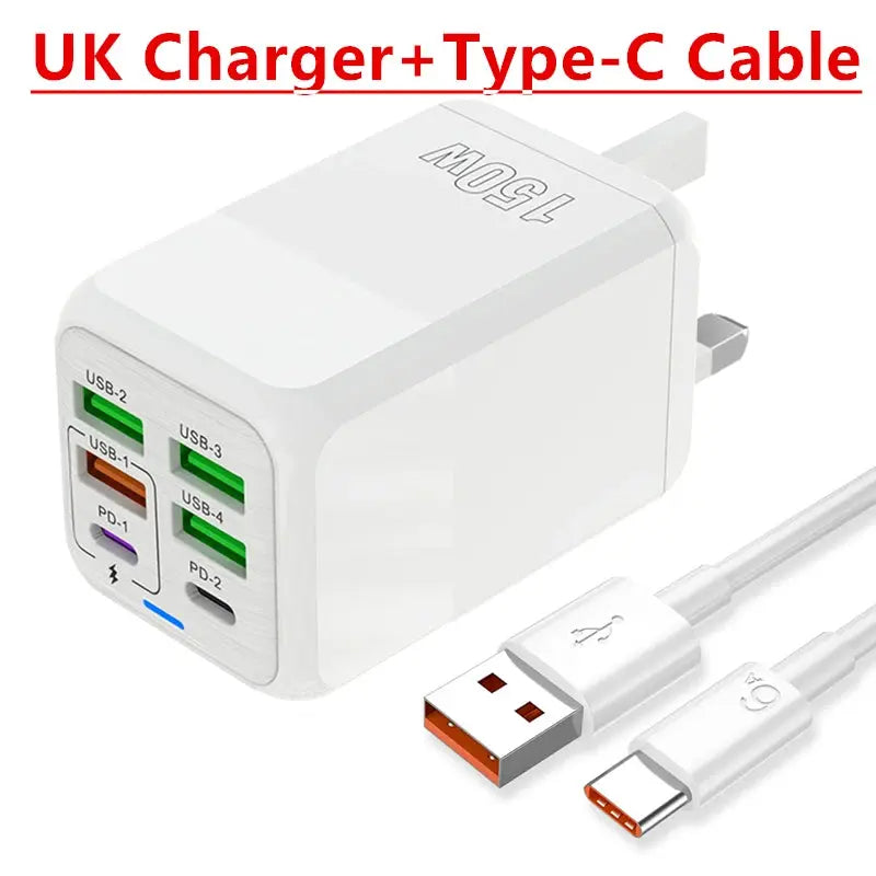 150W 6-Port PD QC 4.0 USB-C Fast Charger Adapter Ryglobal