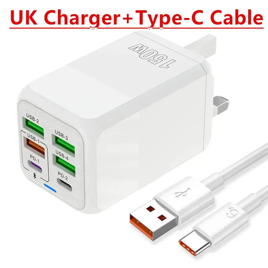 150W 6-Port PD QC 4.0 USB-C Fast Charger Adapter Ryglobal