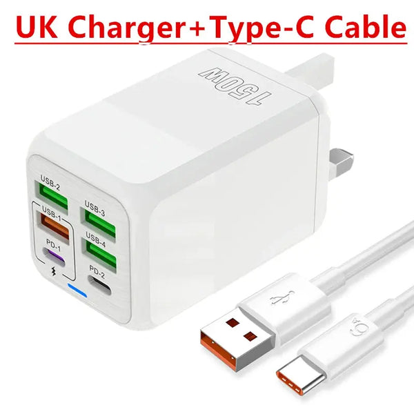 150W 6-Port PD QC 4.0 USB-C Fast Charger Adapter Ryglobal