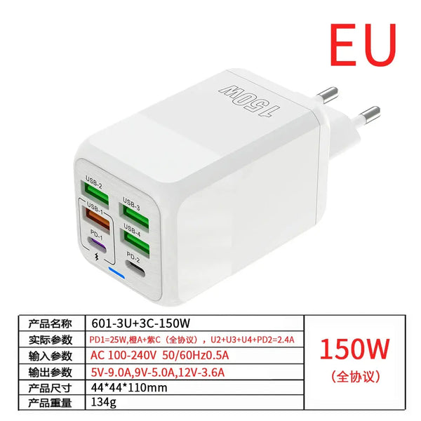 150W 6-Port PD QC 4.0 USB-C Fast Charger Adapter Ryglobal