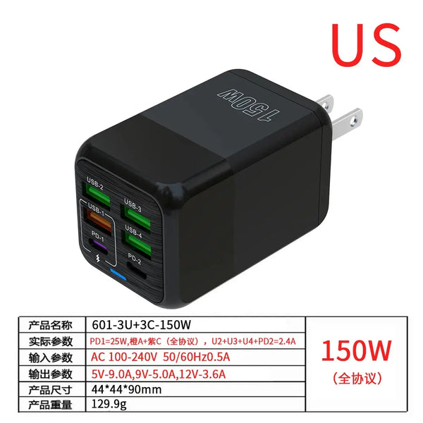150W 6-Port PD QC 4.0 USB-C Fast Charger Adapter Ryglobal