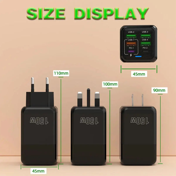 150W 6-Port PD QC 4.0 USB-C Fast Charger Adapter Ryglobal