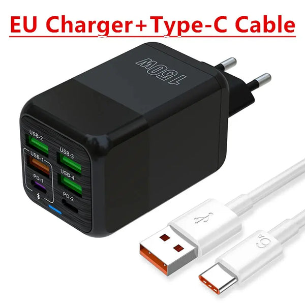 150W 6-Port PD QC 4.0 USB-C Fast Charger Adapter Ryglobal