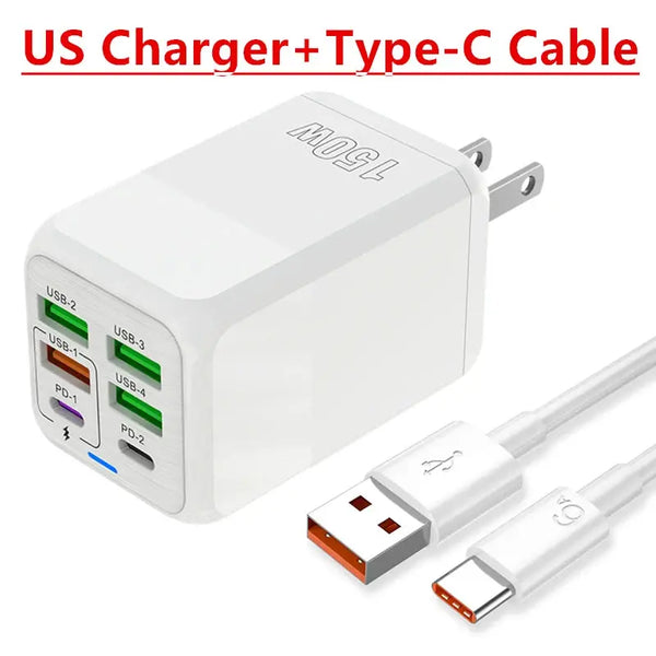 150W 6-Port PD QC 4.0 USB-C Fast Charger Adapter Ryglobal