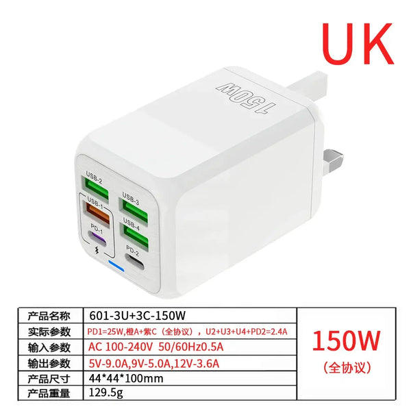 150W 6-Port PD QC 4.0 USB-C Fast Charger Adapter Ryglobal