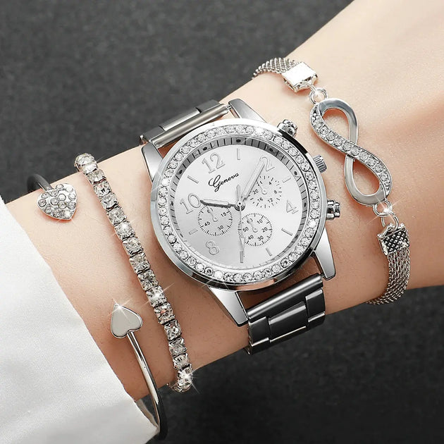 Luxury Rhinestone Women’s Quartz Watch Bracelet Set - 4PCS Mobile shop