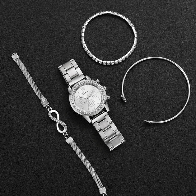 Luxury Rhinestone Women’s Quartz Watch Bracelet Set - 4PCS Mobile shop