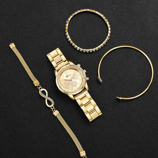 Luxury Rhinestone Women’s Quartz Watch Bracelet Set - 4PCS Mobile shop