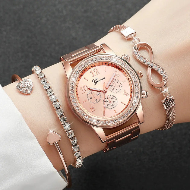 Luxury Rhinestone Women’s Quartz Watch Bracelet Set - 4PCS Mobile shop