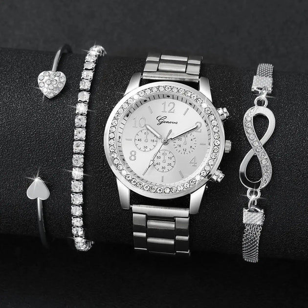 Luxury Rhinestone Women’s Quartz Watch Bracelet Set - 4PCS Mobile shop