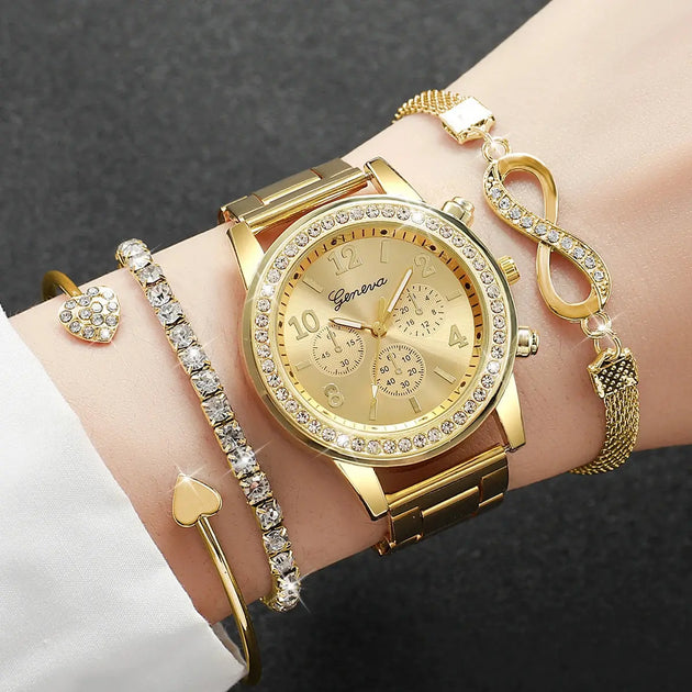 Luxury Rhinestone Women’s Quartz Watch Bracelet Set - 4PCS Mobile shop
