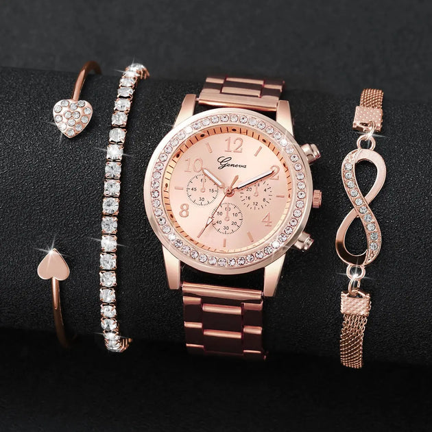 Luxury Rhinestone Women’s Quartz Watch Bracelet Set - 4PCS Mobile shop