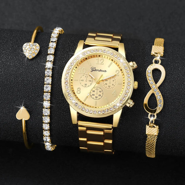 Luxury Rhinestone Women’s Quartz Watch Bracelet Set - 4PCS Mobile shop