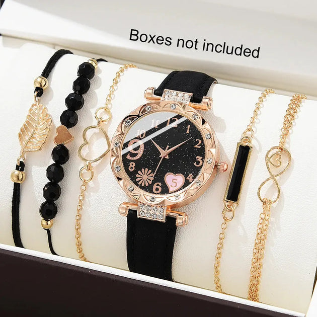 Luxury Women's Leather Analog Watch Set - 6PCS Fashion Bracelet Collection Mobile shop