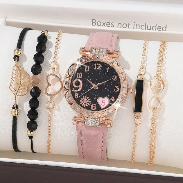 Luxury Women's Leather Analog Watch Set - 6PCS Fashion Bracelet Collection Mobile shop