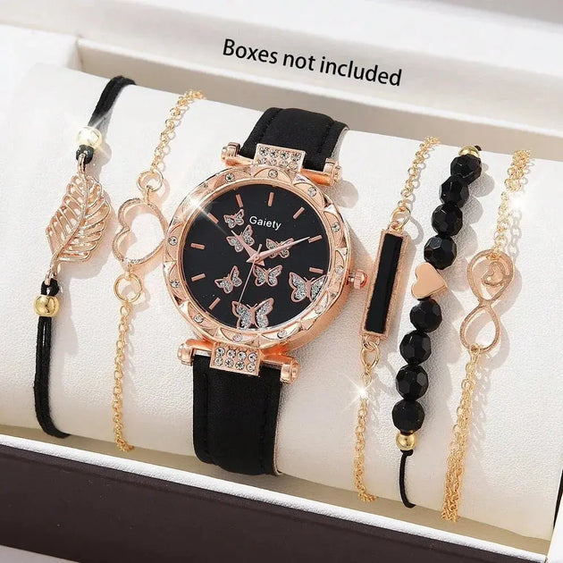 Luxury Women's Leather Analog Watch Set - 6PCS Fashion Bracelet Collection Mobile shop