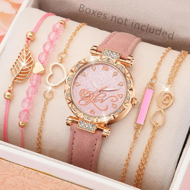Luxury Women's Leather Analog Watch Set - 6PCS Fashion Bracelet Collection Mobile shop