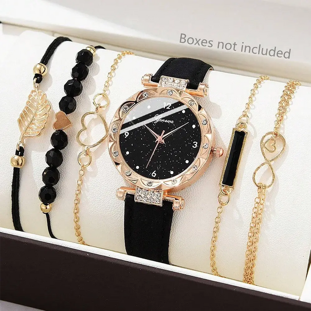 Luxury Women's Leather Analog Watch Set - 6PCS Fashion Bracelet Collection Mobile shop