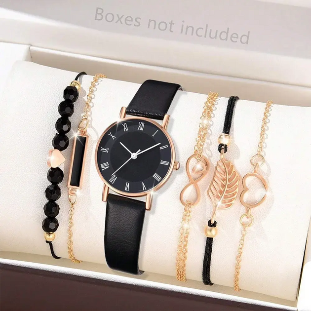 Luxury Women's Leather Analog Watch Set - 6PCS Fashion Bracelet Collection Mobile shop