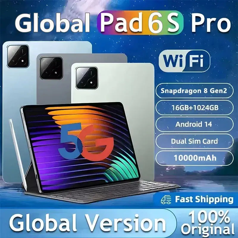 2025 Global Tablet Android 14 Pad 6S Pro - 16GB RAM, 1TB Storage, Snapdragon 8 Gen2, 4K HD, 5G Ryglobal
