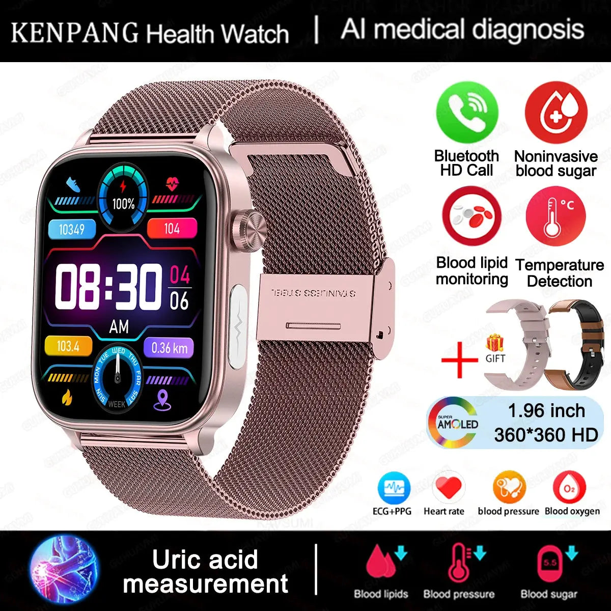 KENPANG 2024 Smart Health Watch with ECG, PPG, Blood Monitoring, and Bluetooth Call Function Ryglobal