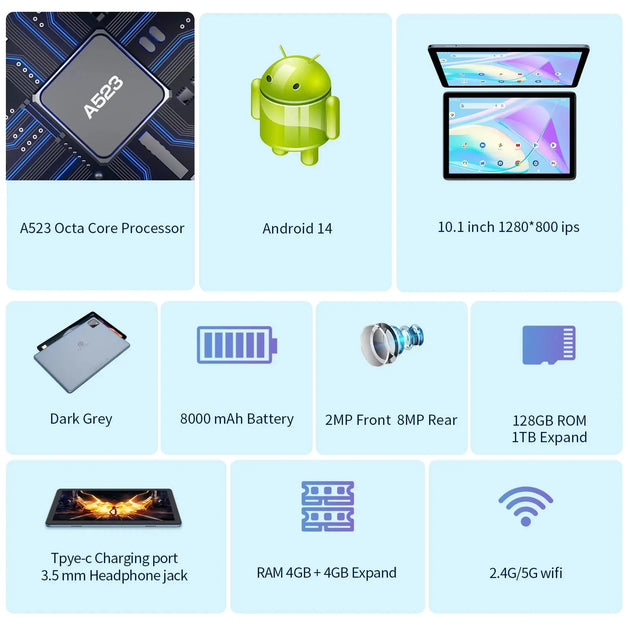 PRITOM TAB11 10 Inch Android 14 Tablet - Octa-Core, 128GB, Dual Camera, WiFi6 Ryglobal