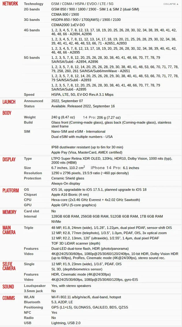 Apple iPhone 14 Pro/Pro Max 5G - 6.1"/6.7" OLED, A16 Bionic, Dual eSIM Mobile shop