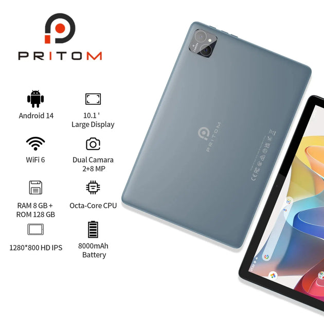 PRITOM TAB11 10 Inch Android 14 Tablet - Octa-Core, 128GB, Dual Camera, WiFi6 Ryglobal