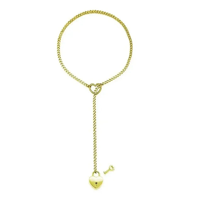 Adjustable Heart O - Ring Punk Rock Cuban Chain Necklace – Lariat Y - Style Necklace with Key & Heart Lock Pendant - Mobile shop