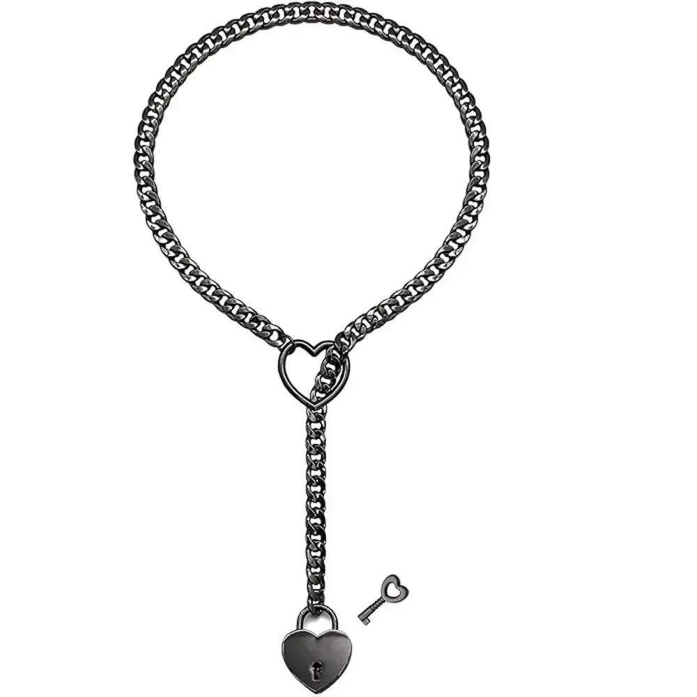 Adjustable Heart O - Ring Punk Rock Cuban Chain Necklace – Lariat Y - Style Necklace with Key & Heart Lock Pendant - Mobile shop