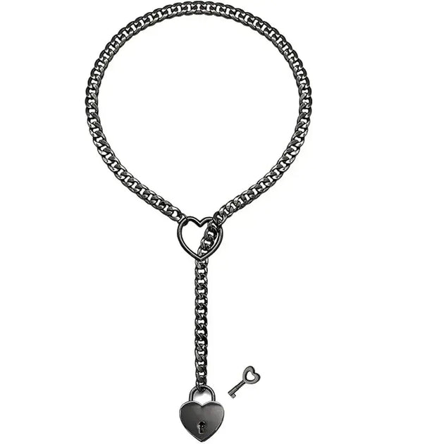Adjustable Heart O - Ring Punk Rock Cuban Chain Necklace – Lariat Y - Style Necklace with Key & Heart Lock Pendant - Mobile shop