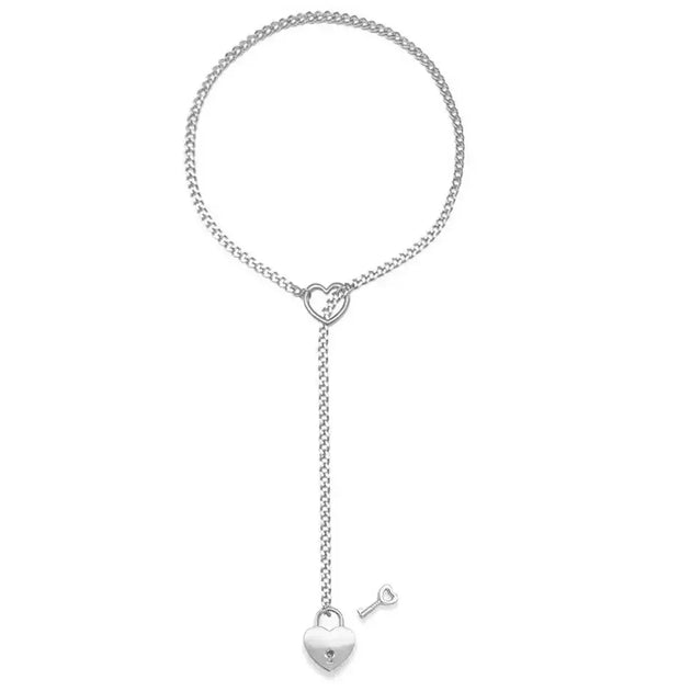 Adjustable Heart O - Ring Punk Rock Cuban Chain Necklace – Lariat Y - Style Necklace with Key & Heart Lock Pendant - Mobile shop