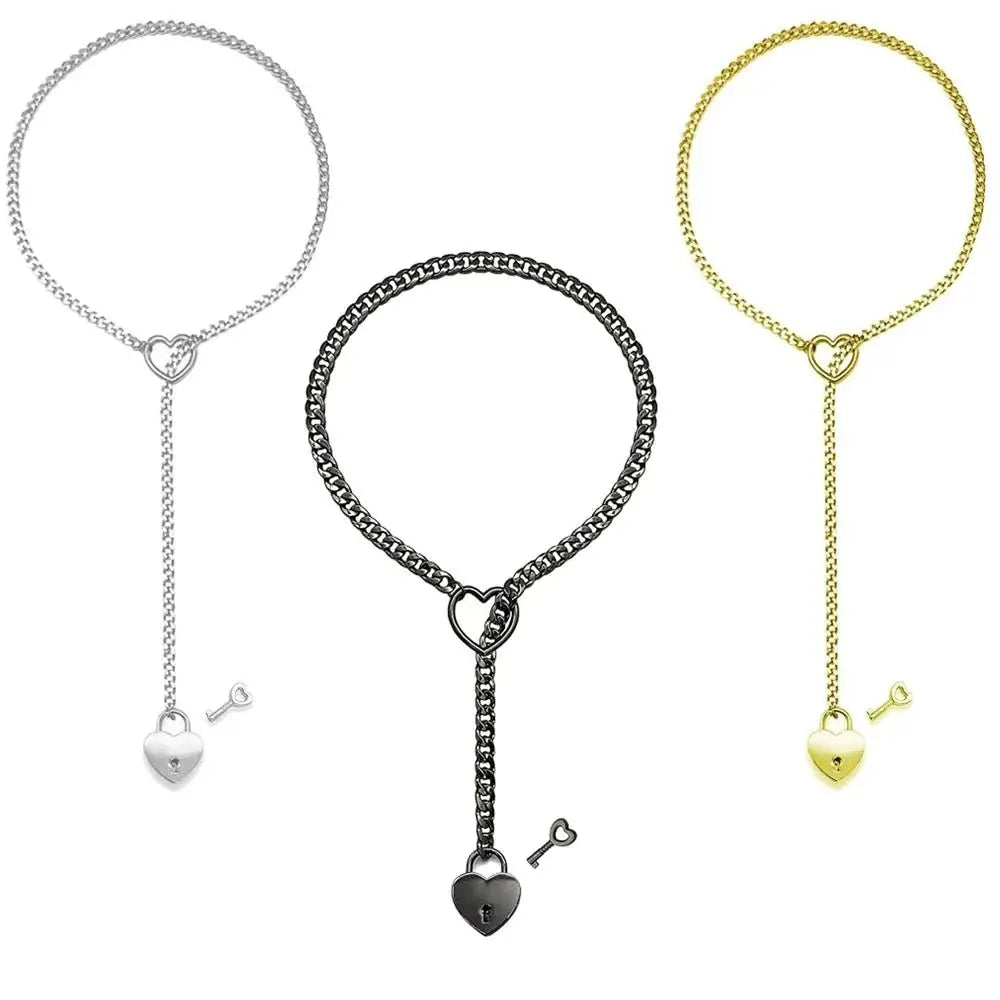 Adjustable Heart O - Ring Punk Rock Cuban Chain Necklace – Lariat Y - Style Necklace with Key & Heart Lock Pendant - Mobile shop