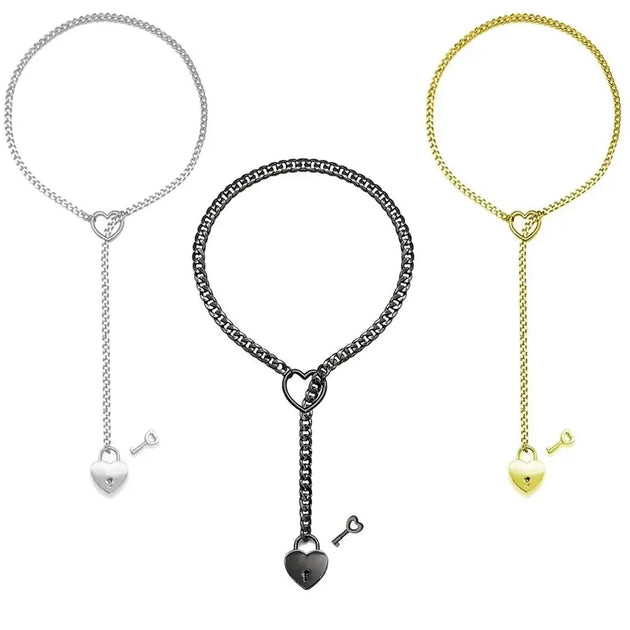Adjustable Heart O - Ring Punk Rock Cuban Chain Necklace – Lariat Y - Style Necklace with Key & Heart Lock Pendant - Mobile shop