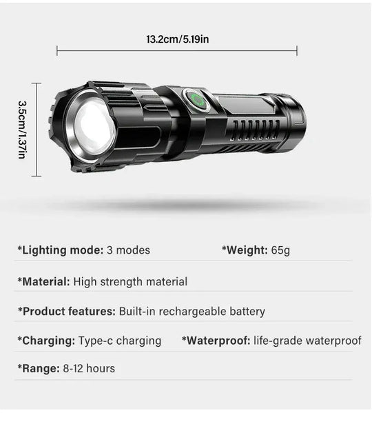 Heinast 2000LM Tactical LED Flashlight with USB Charging and Zoom Mobile shop