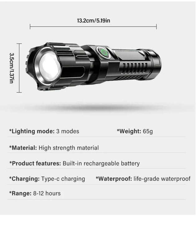 Heinast 2000LM Tactical LED Flashlight with USB Charging and Zoom Mobile shop