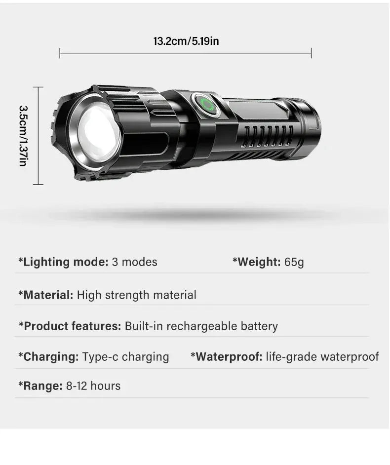 Heinast 2000LM Tactical LED Flashlight with USB Charging and Zoom Mobile shop