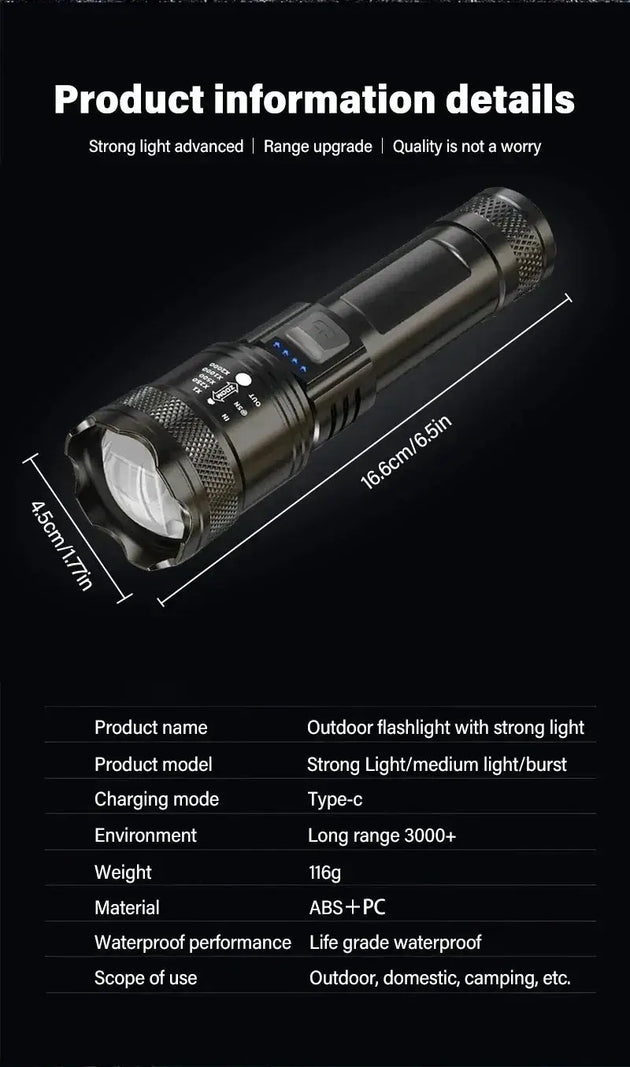 Heinast 2000LM Tactical LED Flashlight with USB Charging and Zoom Mobile shop