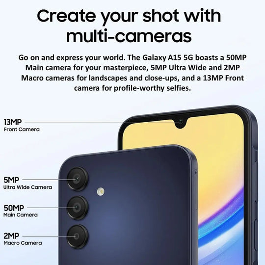 SAMSUNG Galaxy A15 5G (128GB, 2024) 6.5" 90Hz AMOLED, 50MP Camera, 4G Volte (Fully Unlocked International Model for AT&T, T - Mobile, Verizon, Global) A156U (Blue Black) (Renewed) - Mobile shop